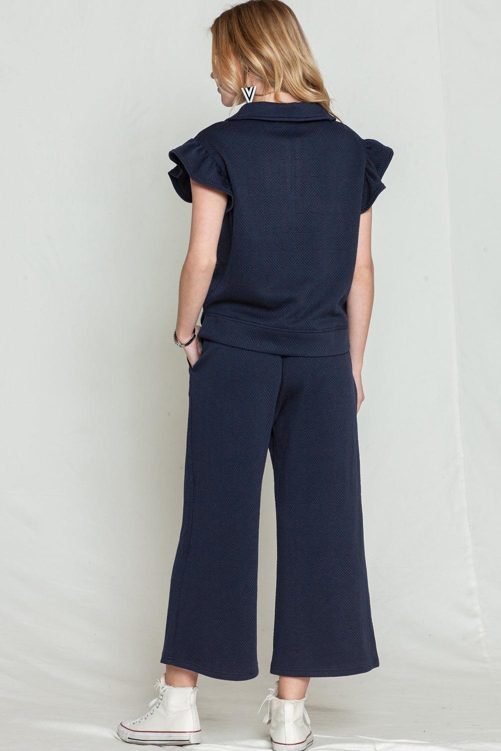 Black Textured Ruffle Cap Sleeve Top and Wide Leg Pants Set - The Fair Lady Shop