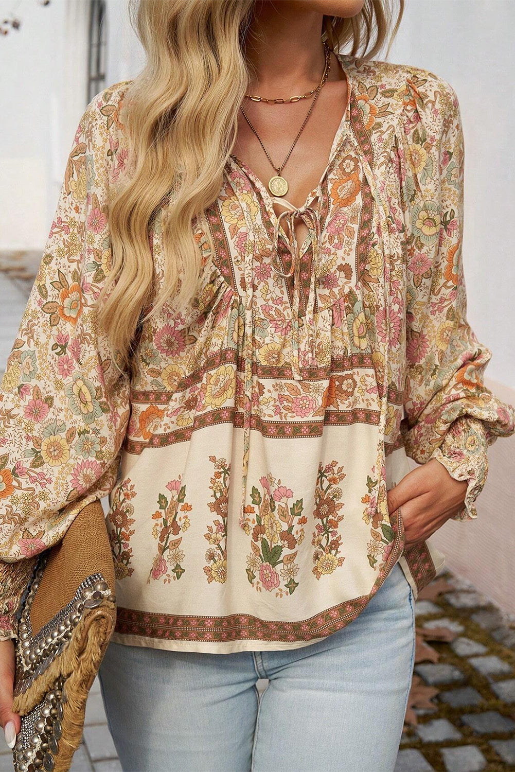 Yellow Floral Print Tie Neck Lantern Sleeve Blouse - The Fair Lady Shop