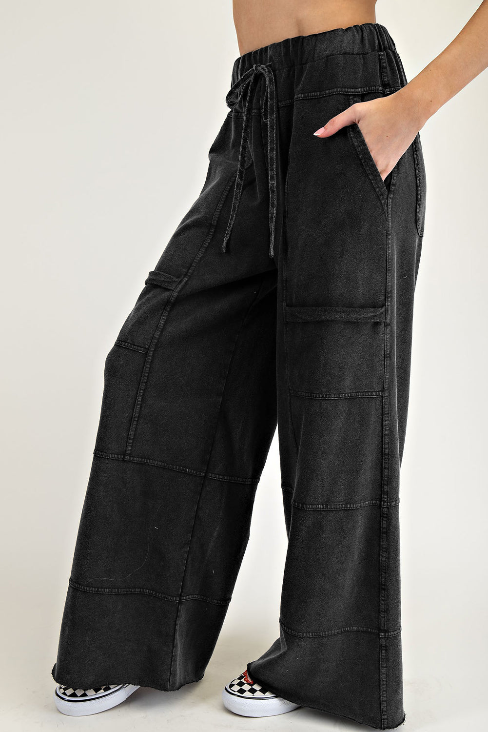 Black Mineral Wash Exposed Seam Wide Leg Cargo Pants - The Fair Lady Shop