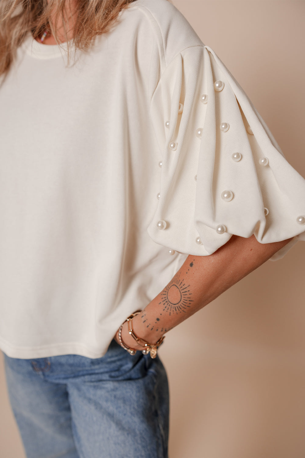 White Pearled Puff Sleeve Round Neck Loose Top - The Fair Lady Shop