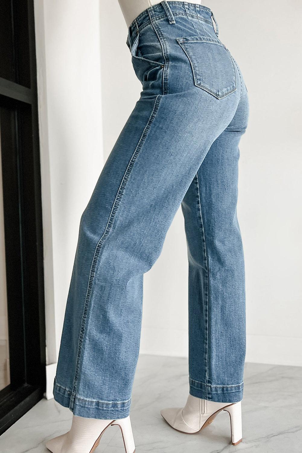 Dusk Blue Multi Button Waist Wash Straight Leg Jeans - The Fair Lady Shop