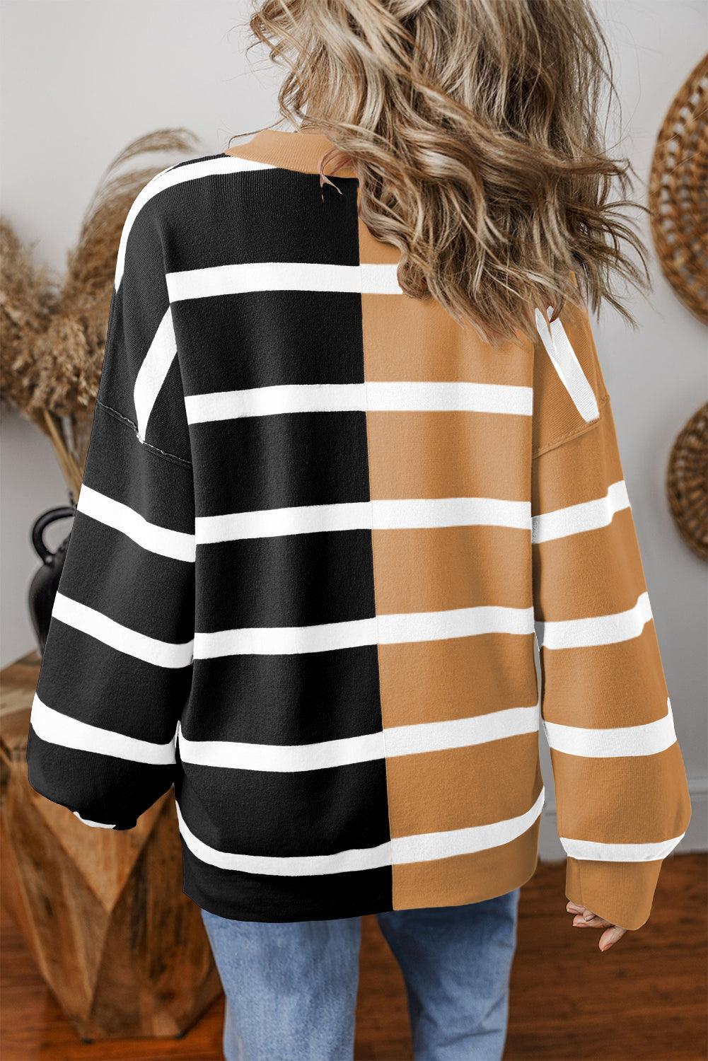 Khaki Stripe Exposed Seam Patchwork Loose Sweatshirts - The Fair Lady Shop