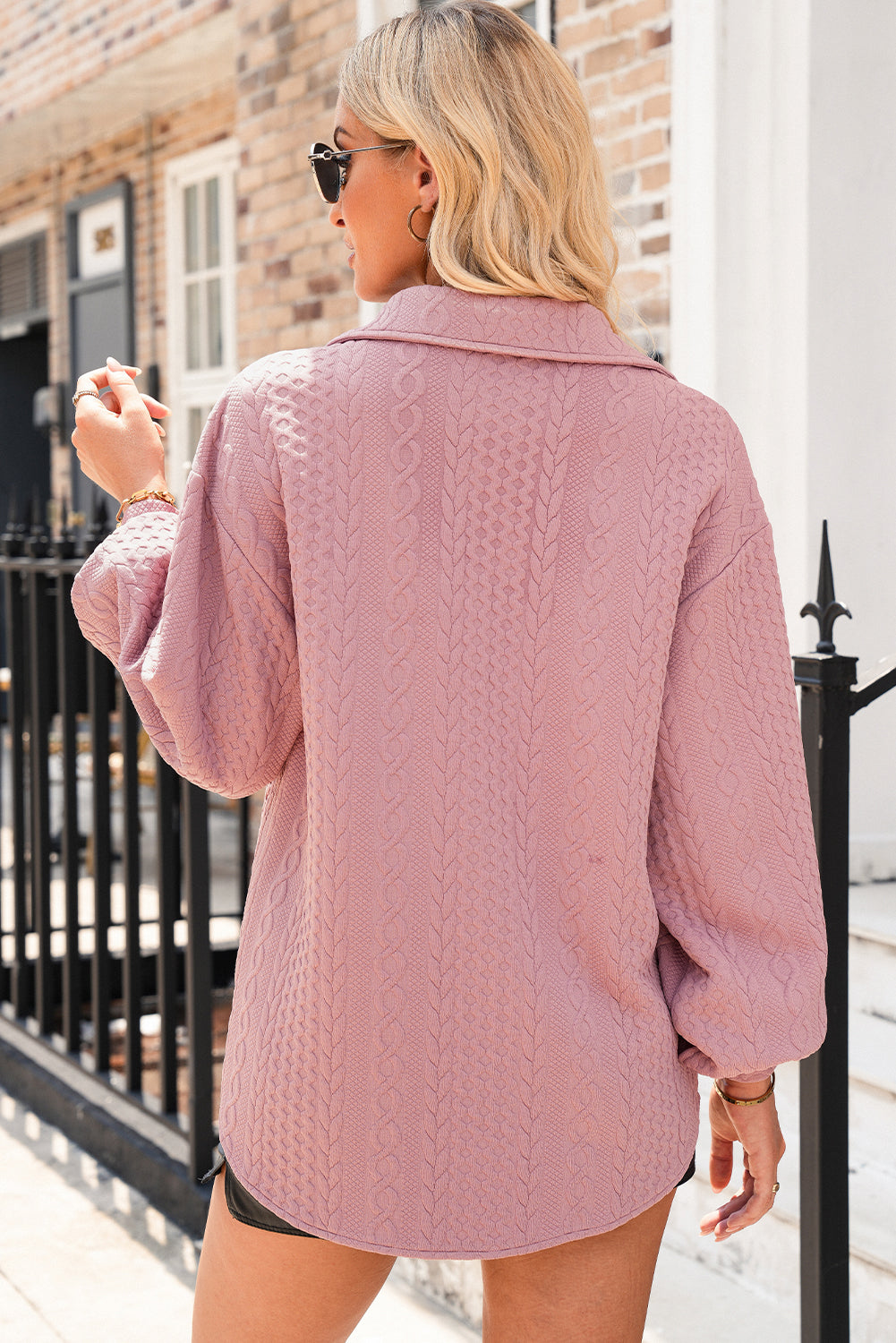 Sepia Rose Cable Texture Puff Sleeve Loose Shacket