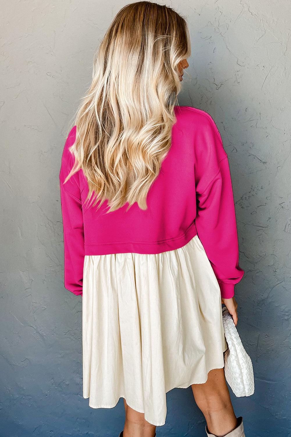 Khaki Sweatshirt Colorblock Flowy Pleated Mini Dress - The Fair Lady Shop