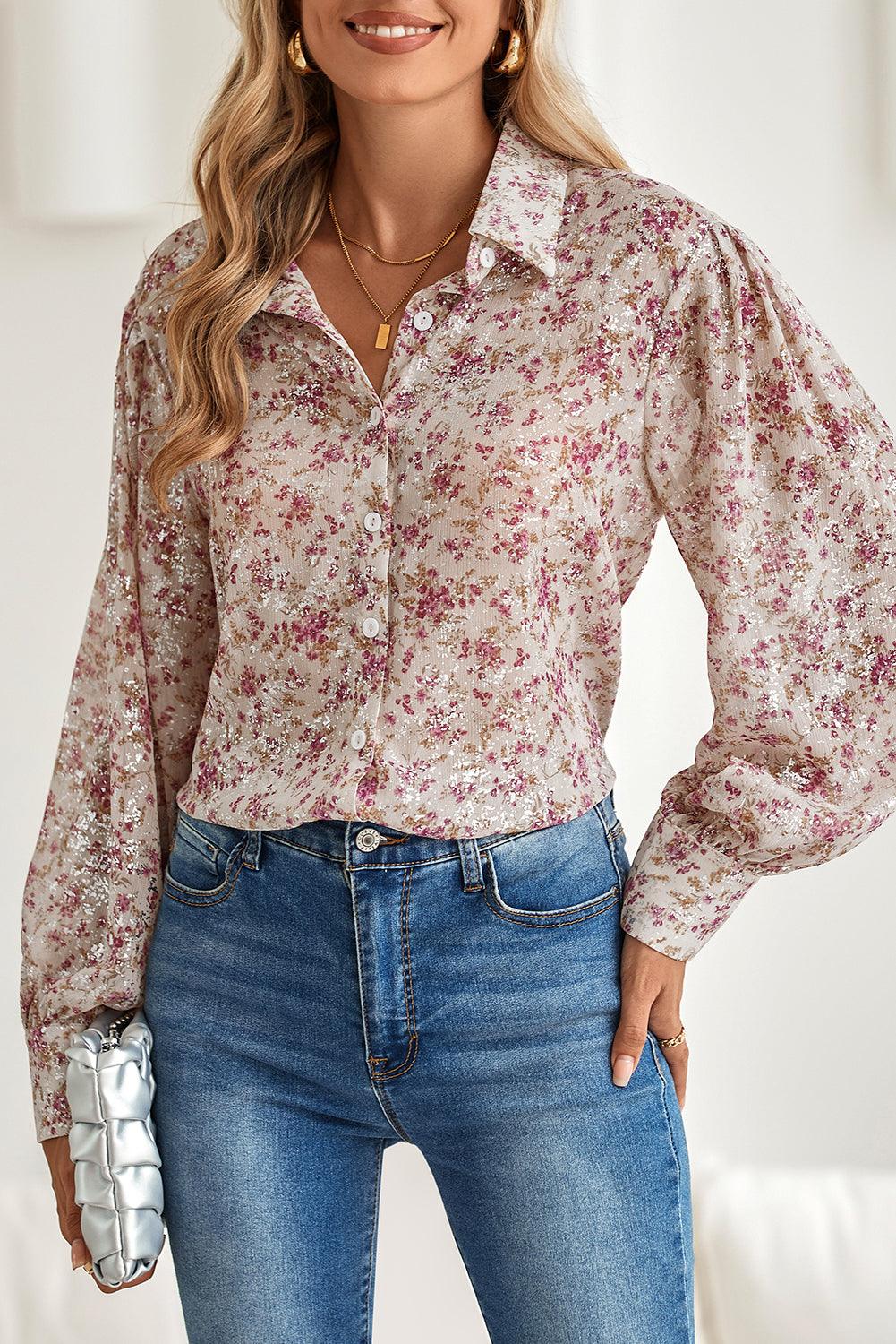 Pink Ditsy Floral Print Bishop Sleeve Collared V Neck Shirt - The Fair Lady Shop