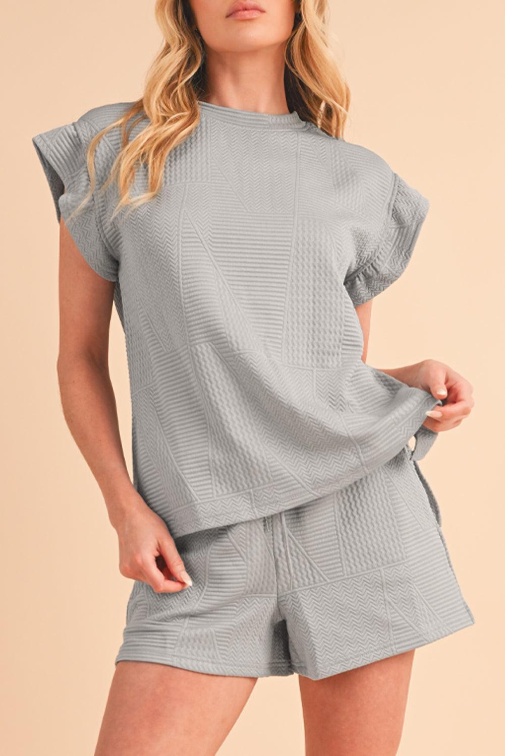 Dark Green Textured Ruffle Split Top and Drawstring Shorts Set - The Fair Lady Shop