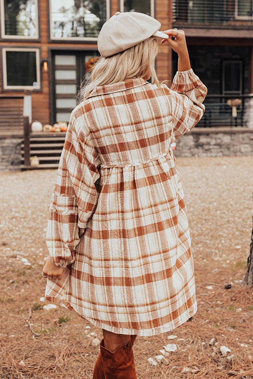 Brown Plaid Print Side Pockets Frill Babydoll Mini Dress - The Fair Lady Shop