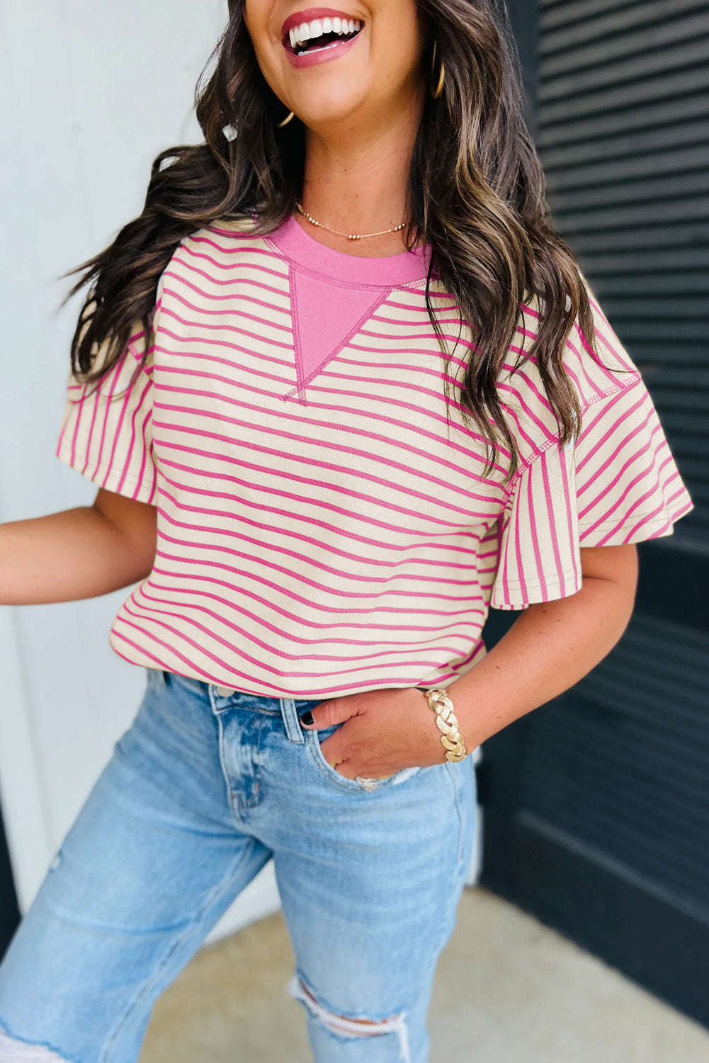 Sachet Pink Striped Ruffle Sleeve Round Neck Top - The Fair Lady Shop