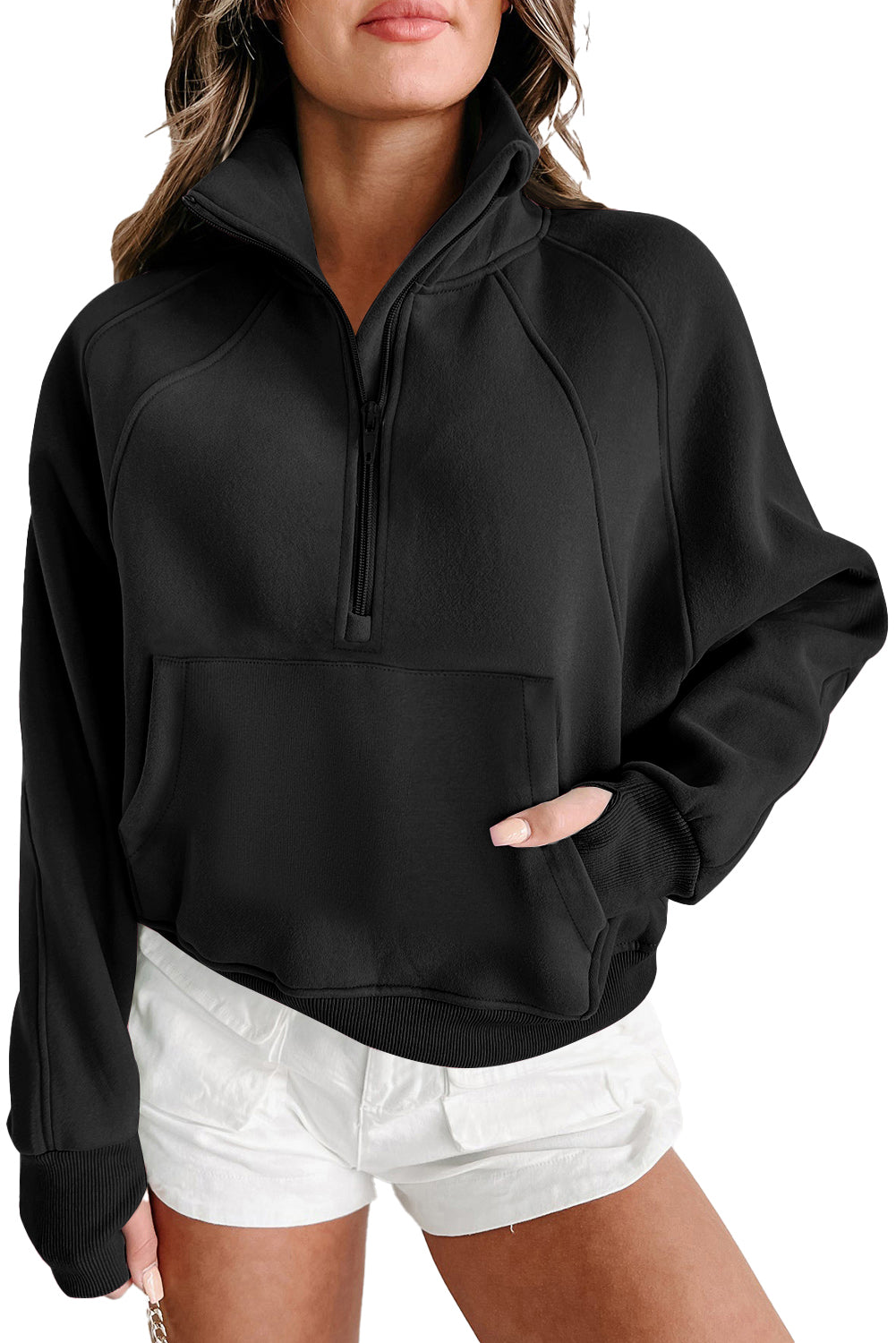 Black Zip Up Stand Collar Ribbed Thumbhole Sleeve Sweatshirt - The Fair Lady Shop