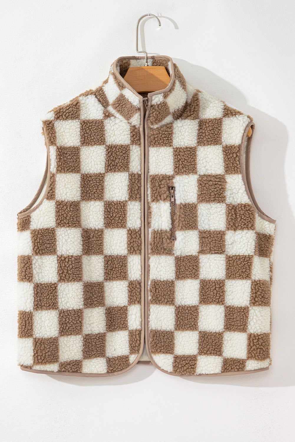 Khaki Checkered Sherpa Collared Jacket Vest - The Fair Lady Shop