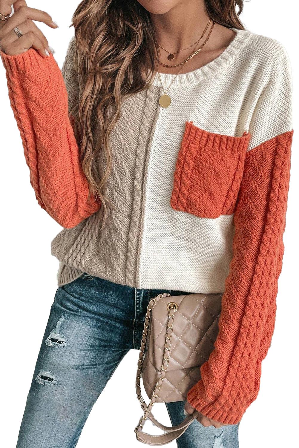 Rose Tan Colorblock Pocket Drop Shoulder Sweater - The Fair Lady Shop