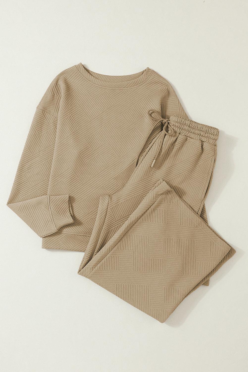 Dark Brown Textured Loose Slouchy Long Sleeve Top and Pants Set - The Fair Lady Shop