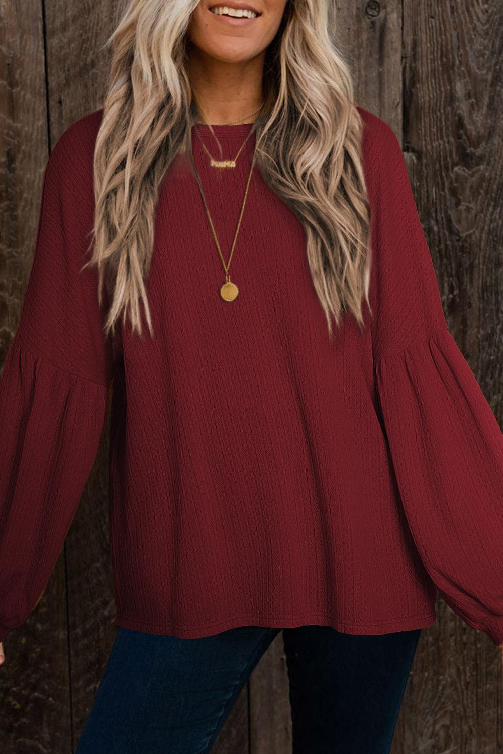 Ruby Solid Color Textured Lantern Sleeve Top - The Fair Lady Shop