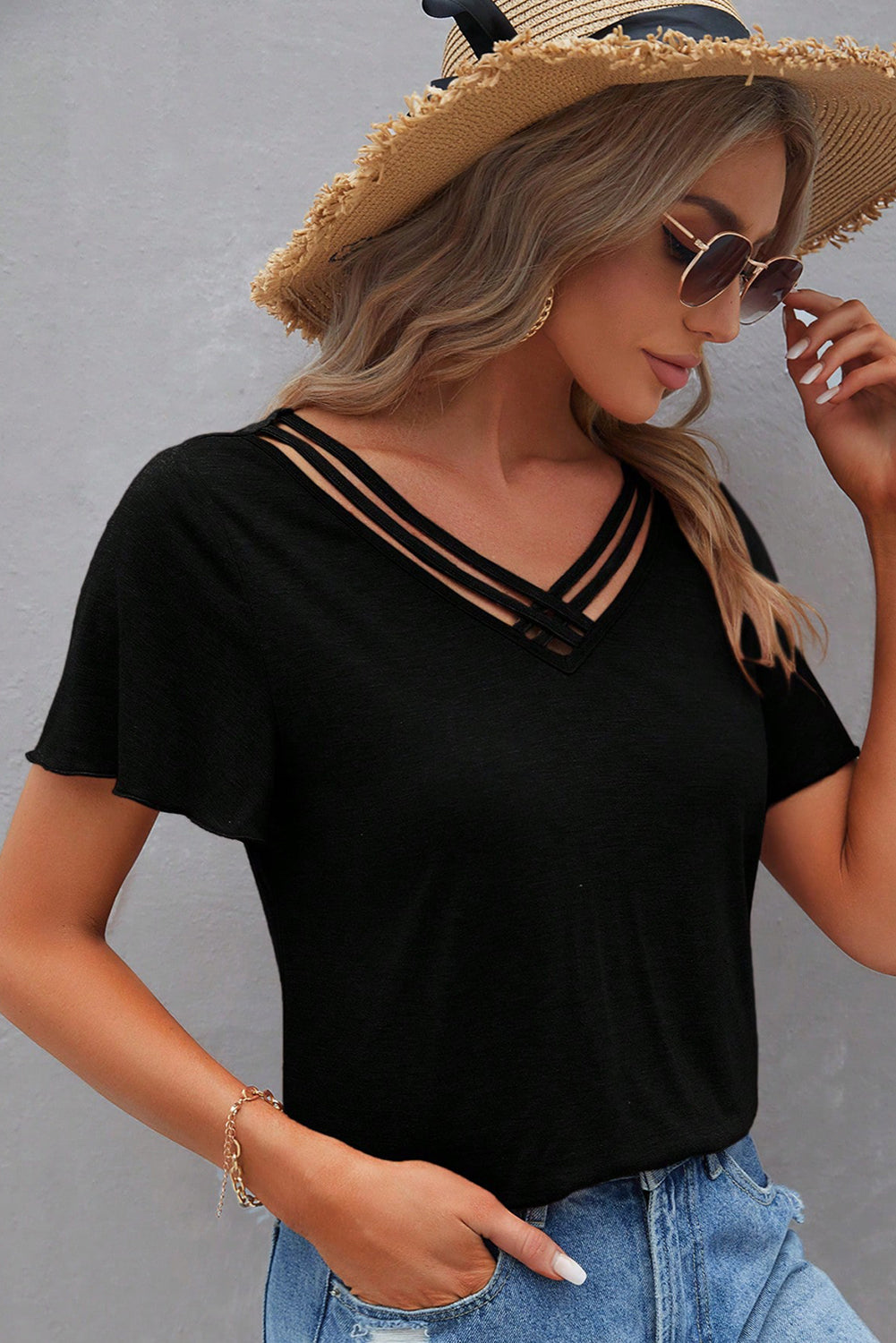 Black Crisscross V Neck Flutter Sleeve T Shirt - The Fair Lady Shop