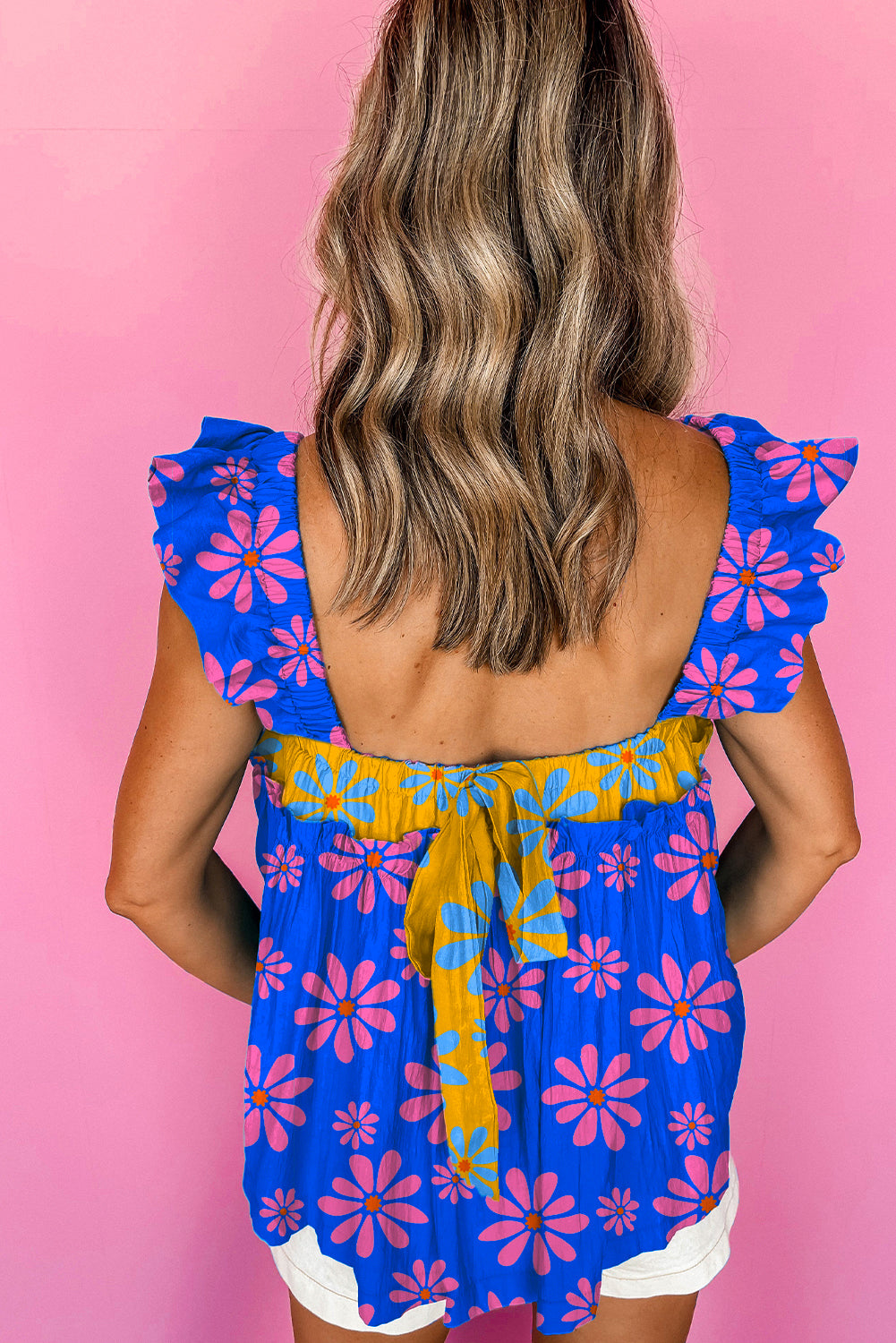 Blue Flower Colorblock Smocked Flutter Straps Flowy Top - The Fair Lady Shop