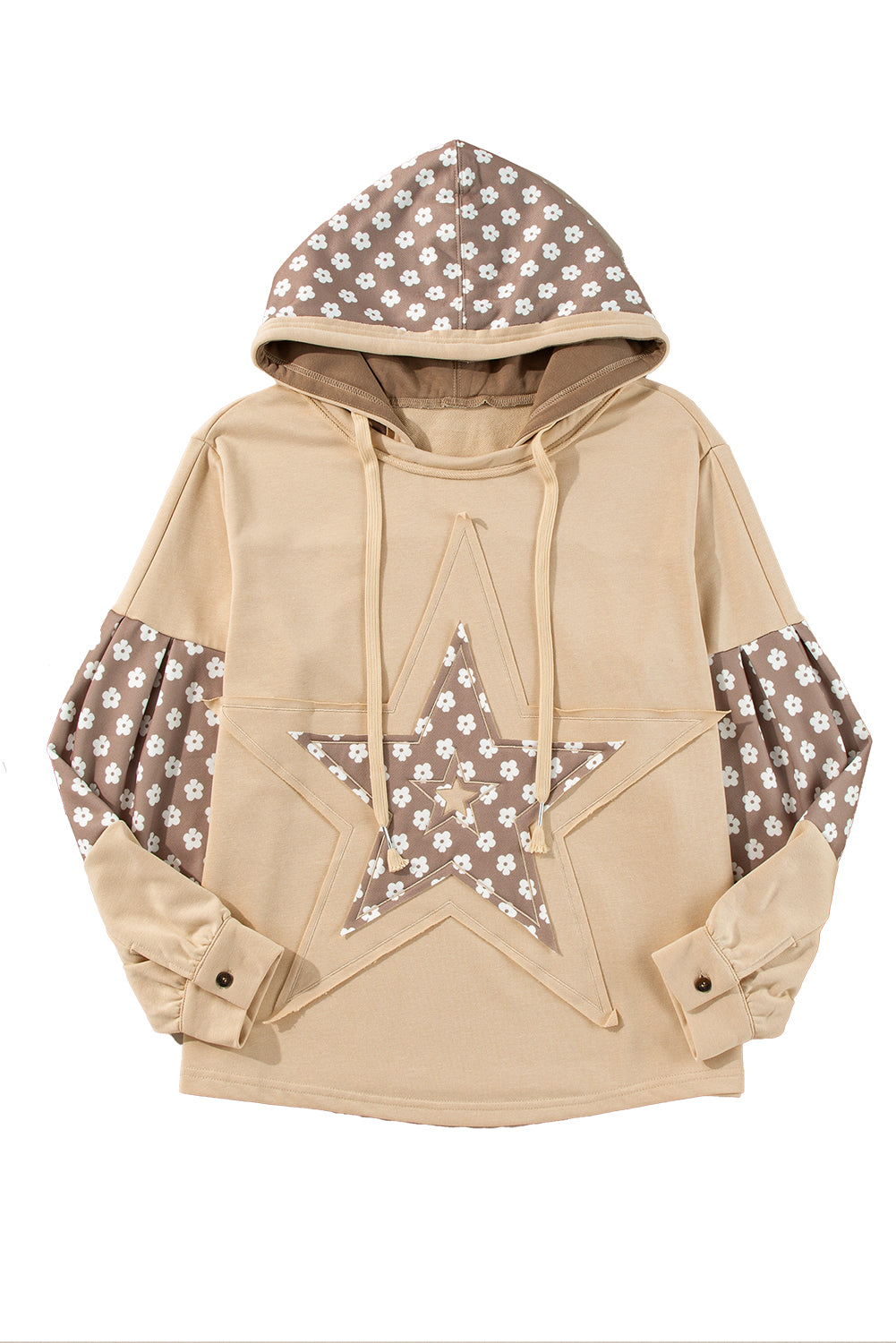 Apricot Floral Patchwork Star Pattern Drawstring Hoodie - The Fair Lady Shop