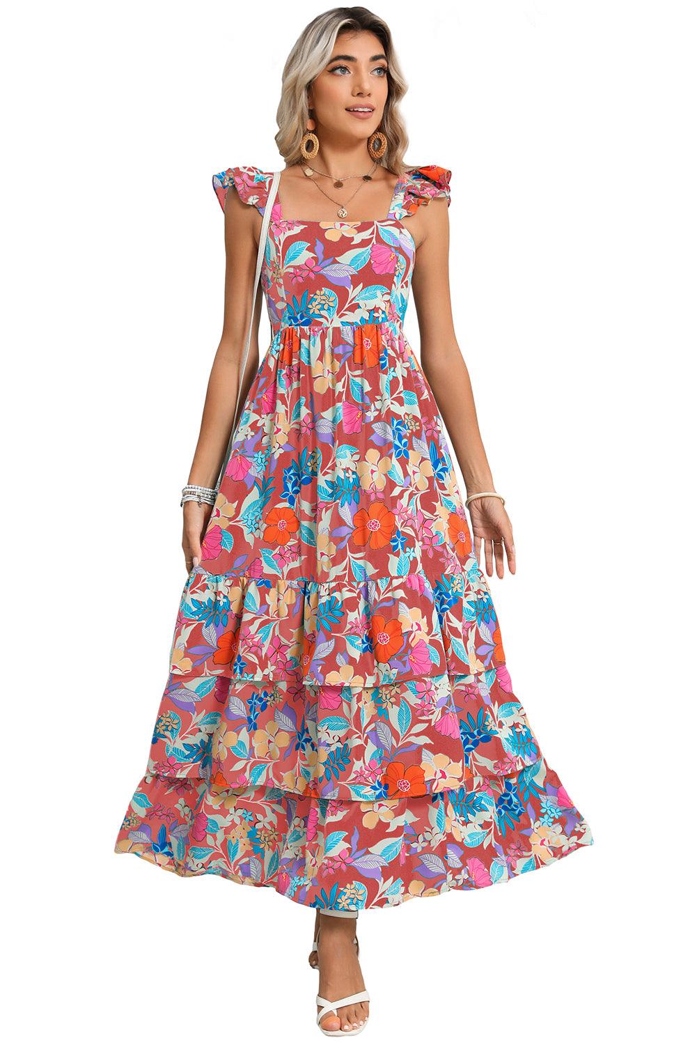 Pink Floral Print Sleeveless Ruffle Tiered Maxi Dress - The Fair Lady Shop