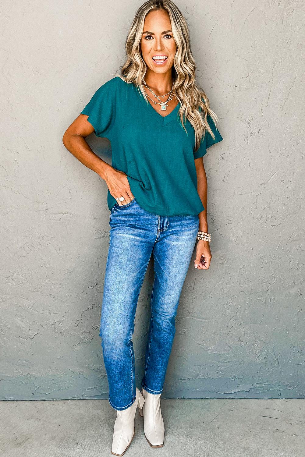 Blue Plain Crinkled V Neck Flounce Sleeve T Shirt - The Fair Lady Shop