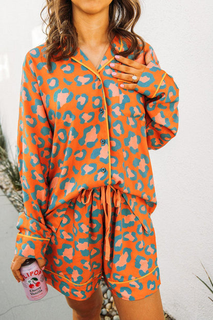 Orange Leopard Print Long Sleeve Shirt and Shorts Pajama Set - The Fair Lady Shop