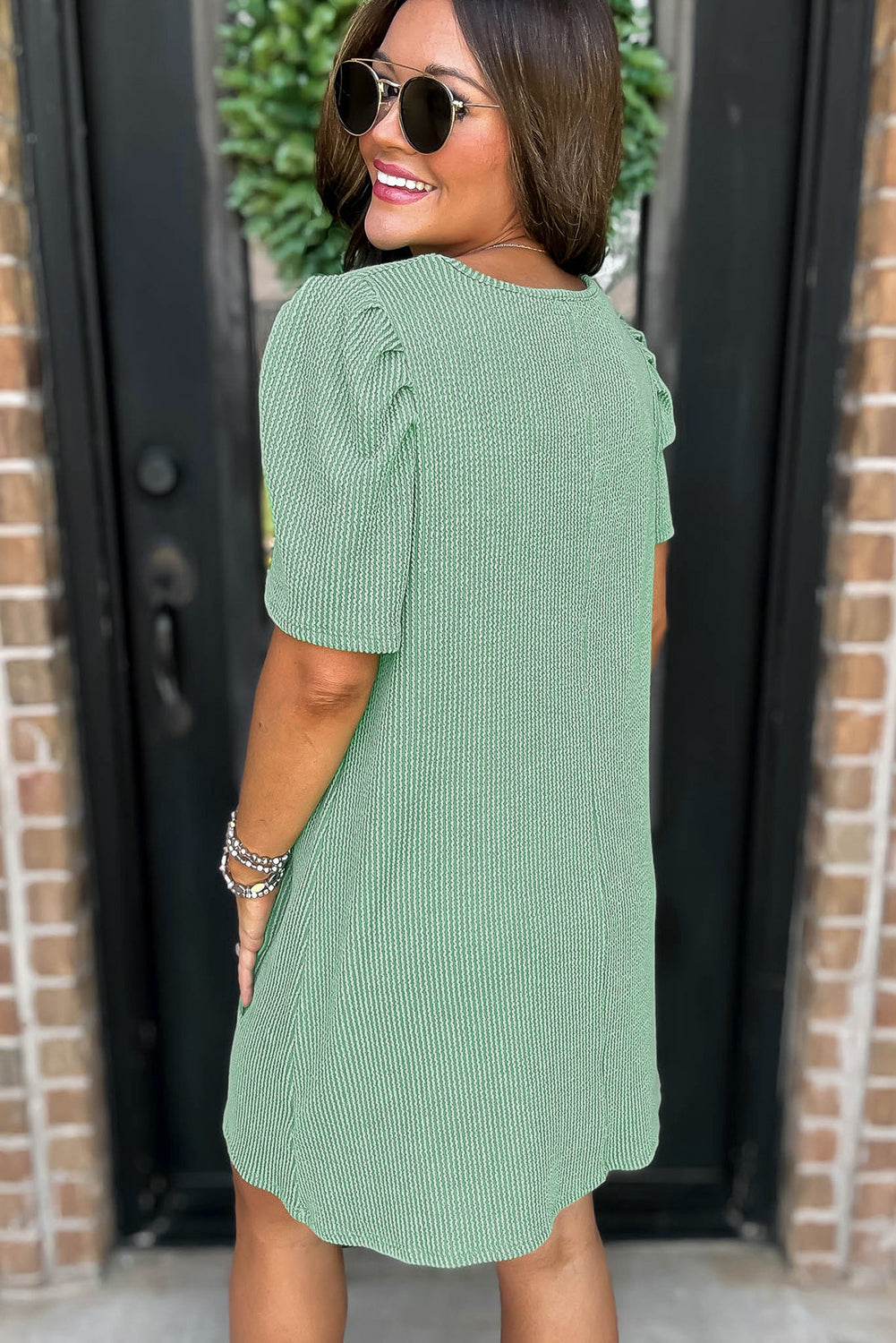 Mint Green Corded Crew Neck Puff Sleeve Mini Dress - The Fair Lady Shop