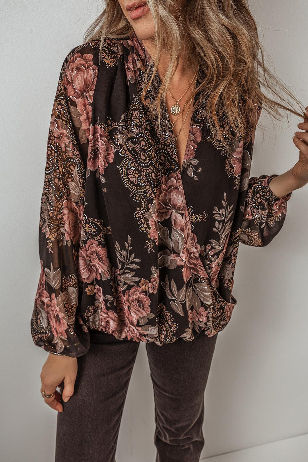 Black Floral Print Criss Cross V Neck Balloon Sleeve Blouse - The Fair Lady Shop