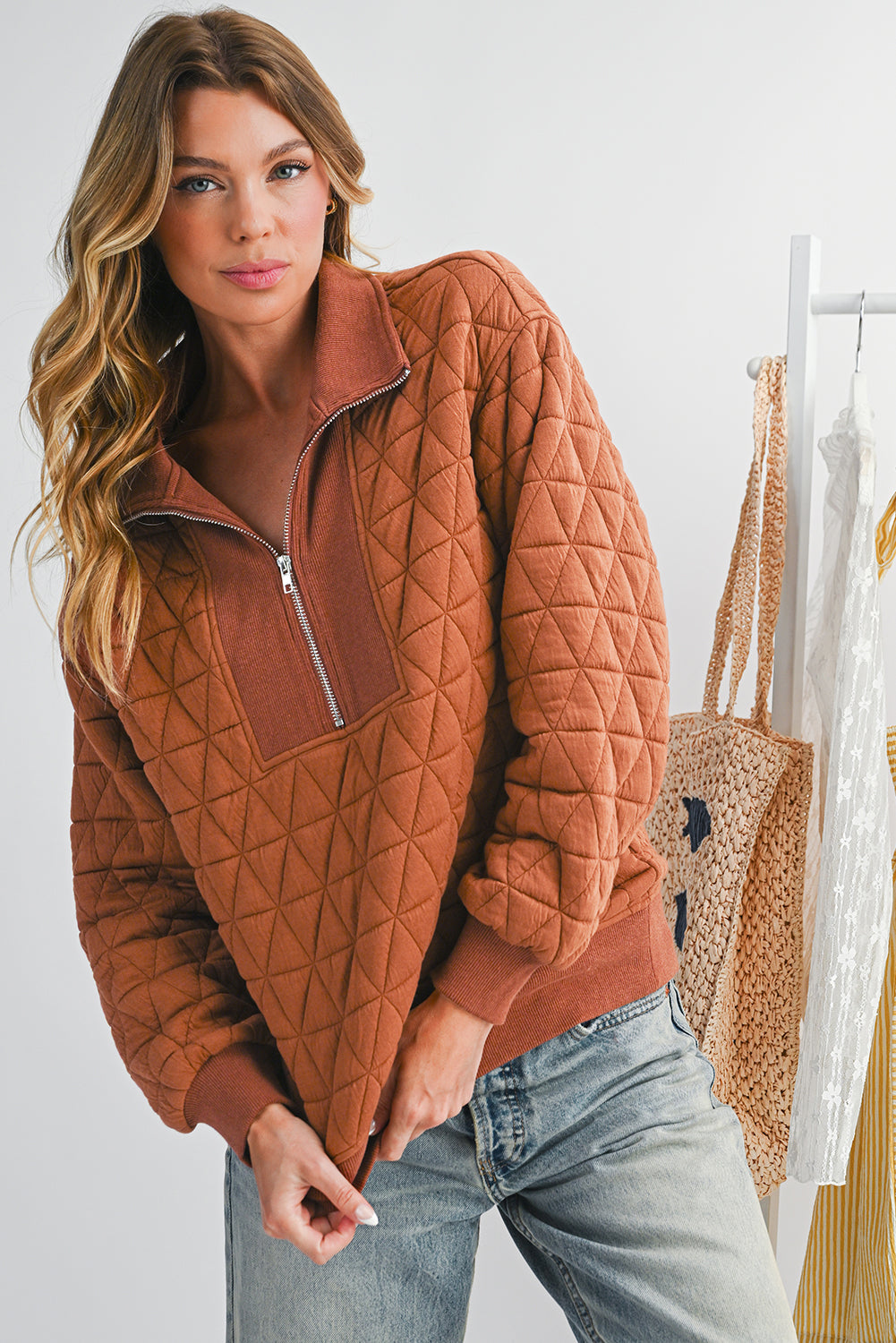 Straw Yellow Textured Zipper Neck Long Sleeve Pullover Sweatshirt