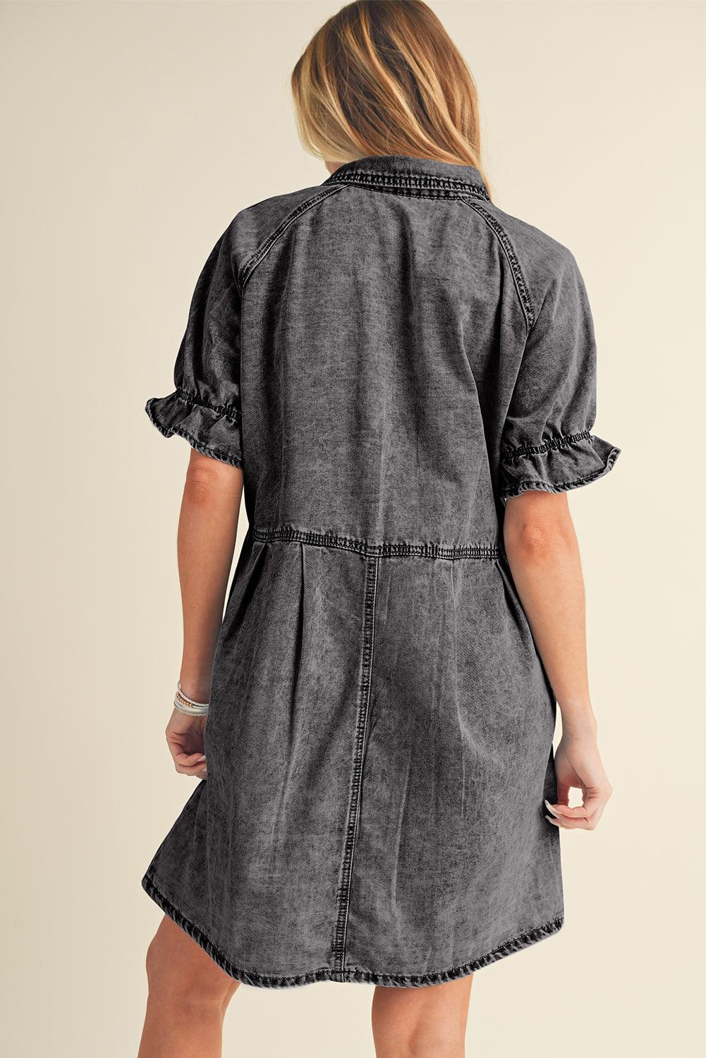 Blue Mineral Washed Ruffled Short Sleeve Pocketed Denim Dress - The Fair Lady Shop