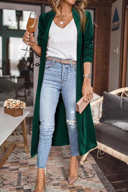 Green Velvet Elegant Pocket Open Front Long Cardigan - The Fair Lady Shop
