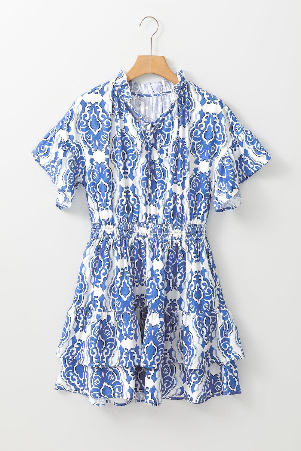 Ashleigh Blue Abstract Print Smocked Waist Tiered Mini Dress - The Fair Lady Shop