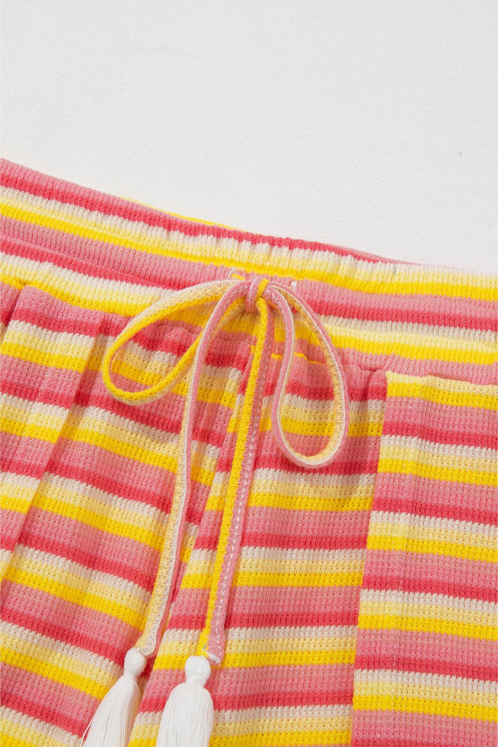 Yellow Stripe Rainbow Tee and Tassel Drawstring Wide Leg Pants Set - The Fair Lady Shop