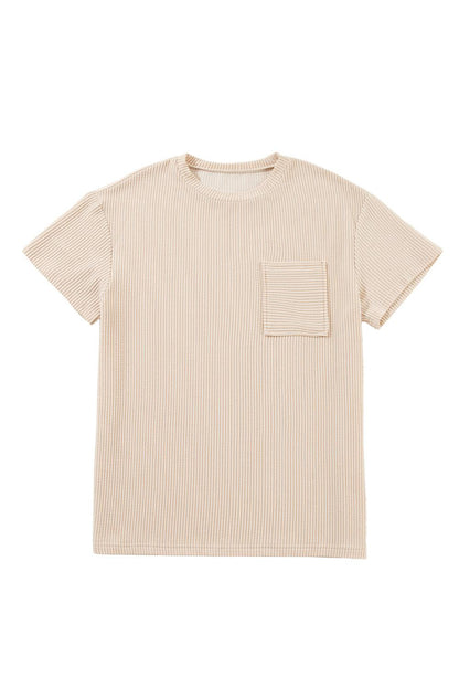 Beige Ribbed Knit Pocketed Loose Fit Crew Neck T Shirt - The Fair Lady Shop