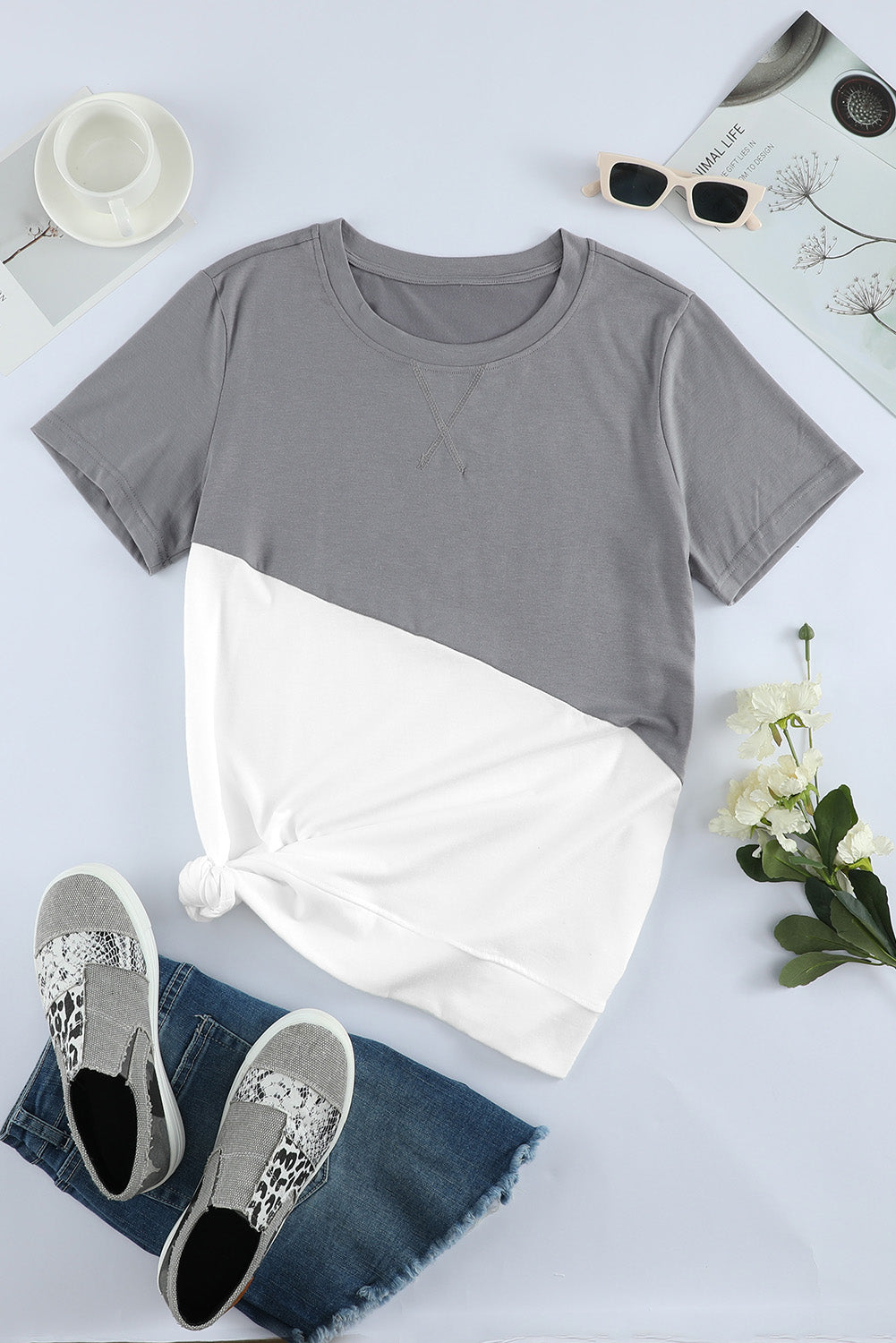 Gray Crew Neck Colorblock Tee - The Fair Lady Shop