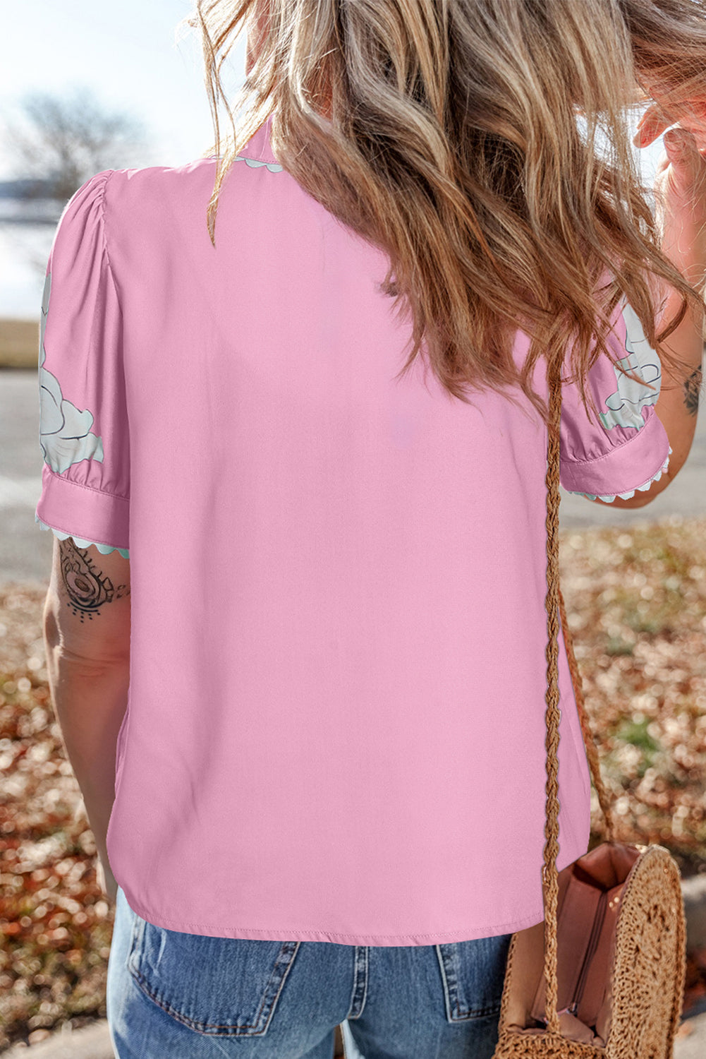 Rose Floral Print Ric Rac Trim Puff Sleeve Button Up Shirt - The Fair Lady Shop