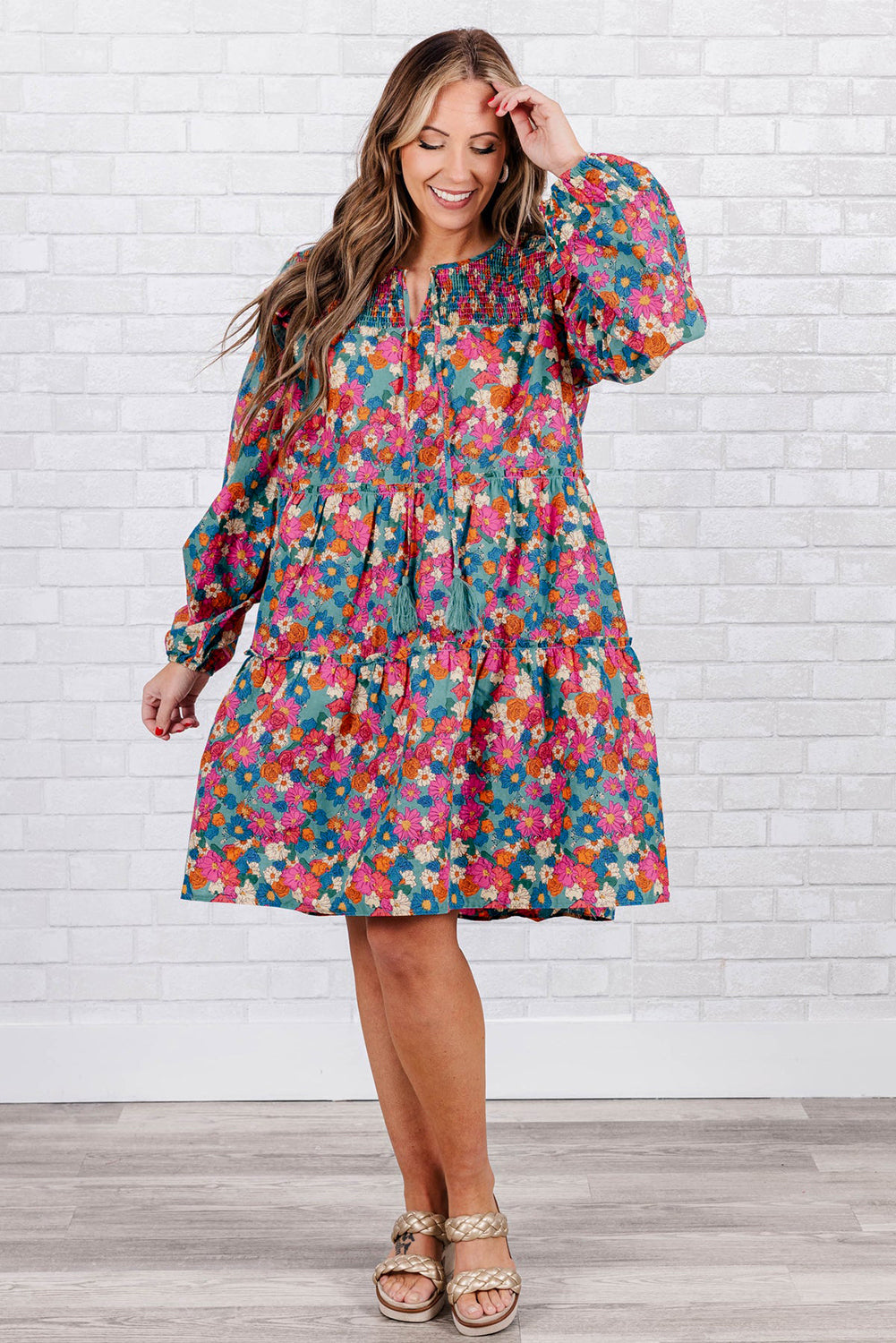 Sky Blue Floral Allover Print Shirred Plus Size Mini Dress - The Fair Lady Shop