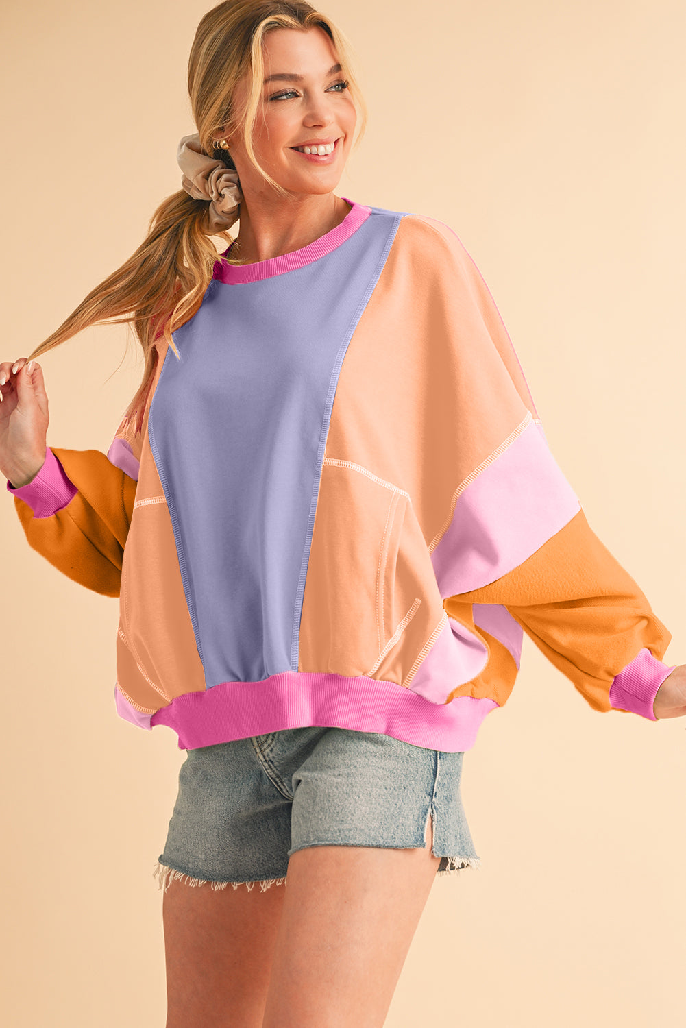 Orchid Petal Colorblock Patchwork Drop Shoulder Top - The Fair Lady Shop
