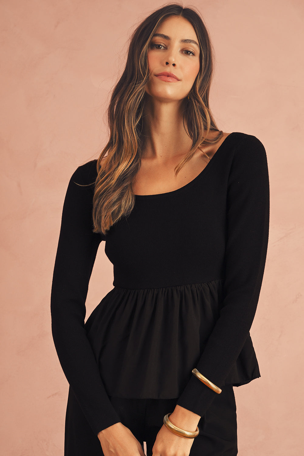 Black Pleated Hem Long Sleeve Ribbed Knit Top - The Fair Lady Shop