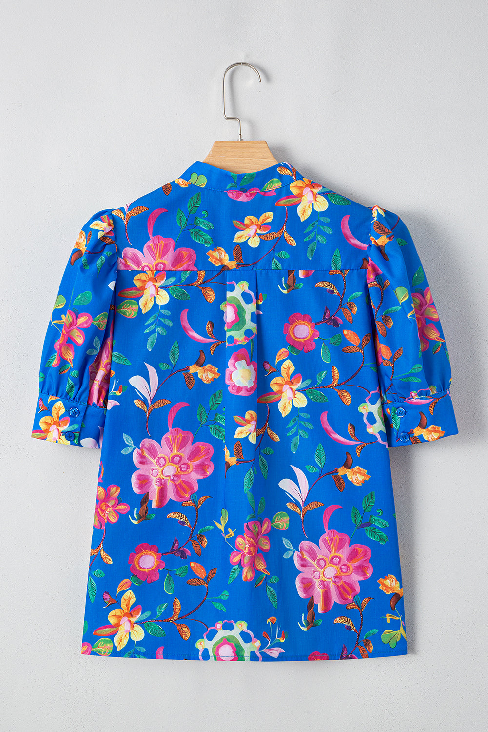 Blue Puff Sleeve Button Up Boho Floral Shirt - The Fair Lady Shop