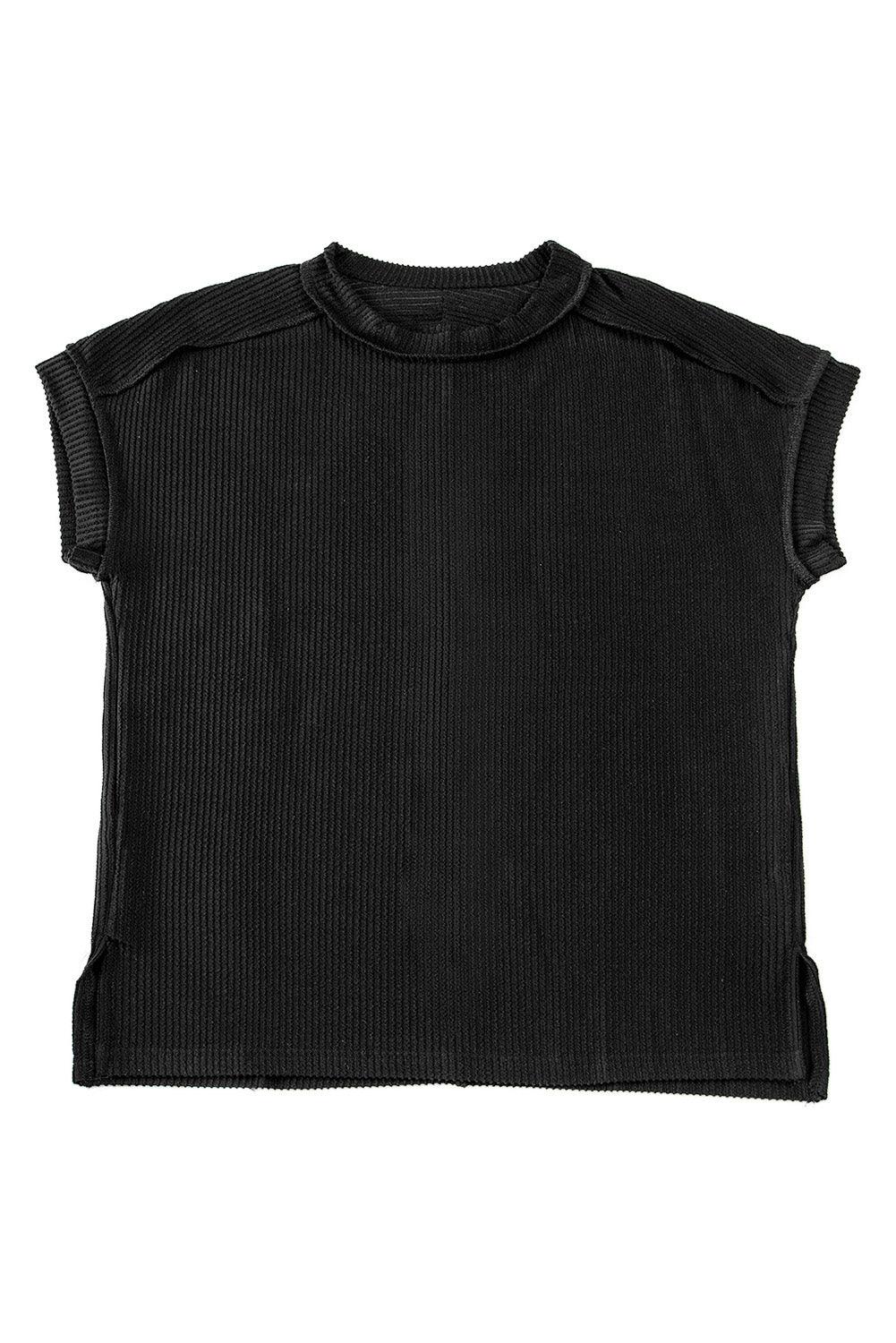 Medium Grey Ribbed Knit Exposed Seam Round Neck T-shirt - The Fair Lady Shop