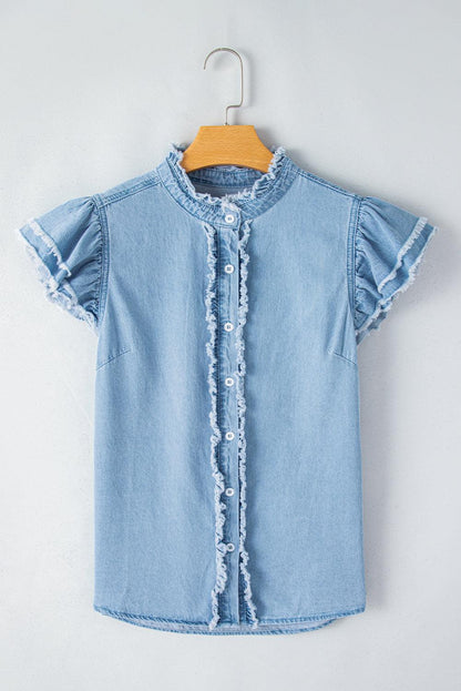 Ashleigh Blue Button Front Ruffled Flutter Frayed Denim Top - The Fair Lady Shop