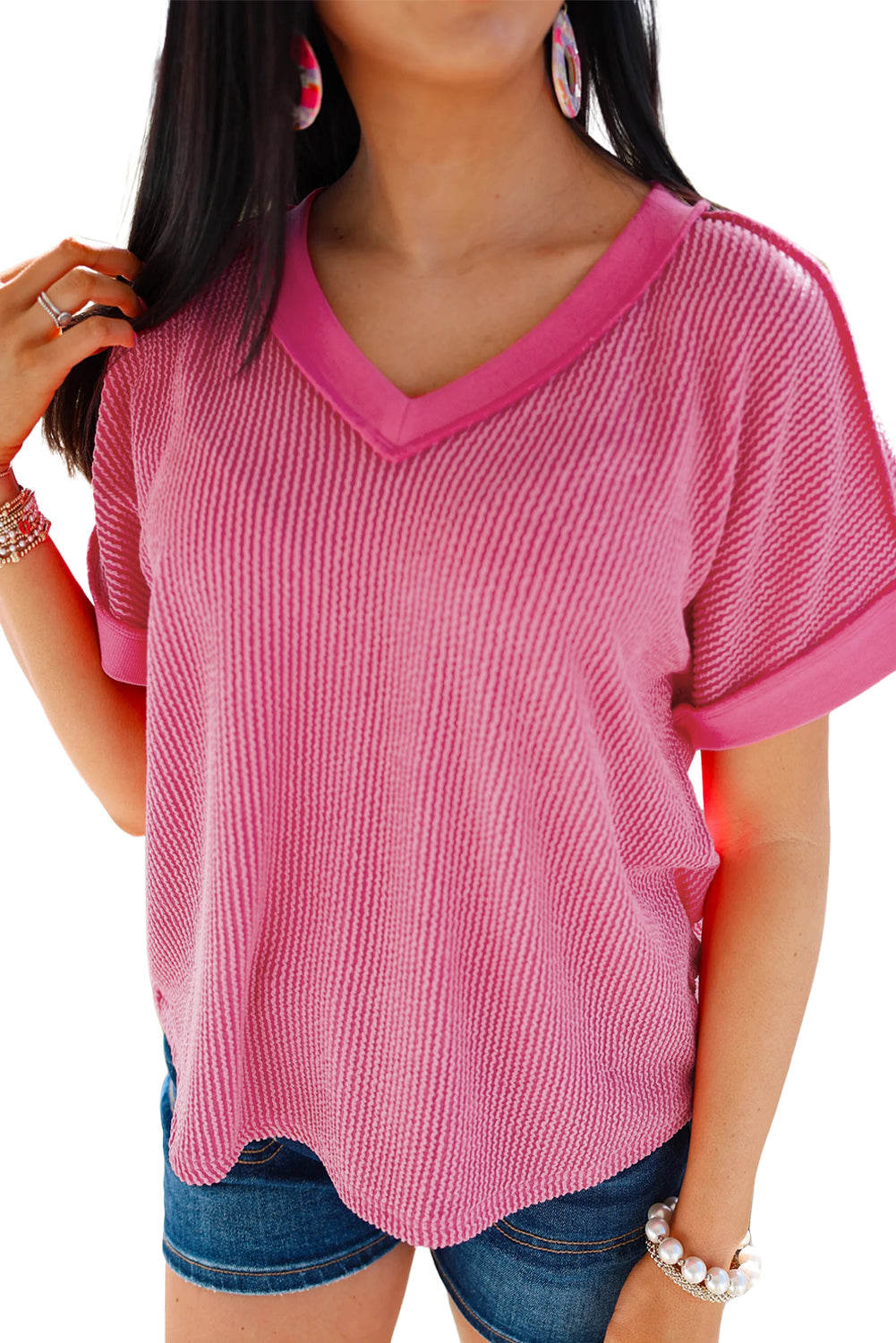 Rose Red Twisted Ribbed Knit Patchwork V Neck Casual Tee - The Fair Lady Shop