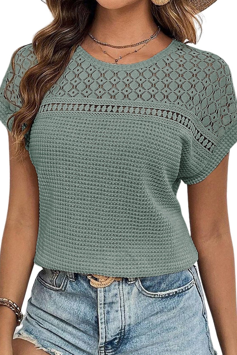 Mist Green Hollow Patchwork Waffle Knit Top - The Fair Lady Shop