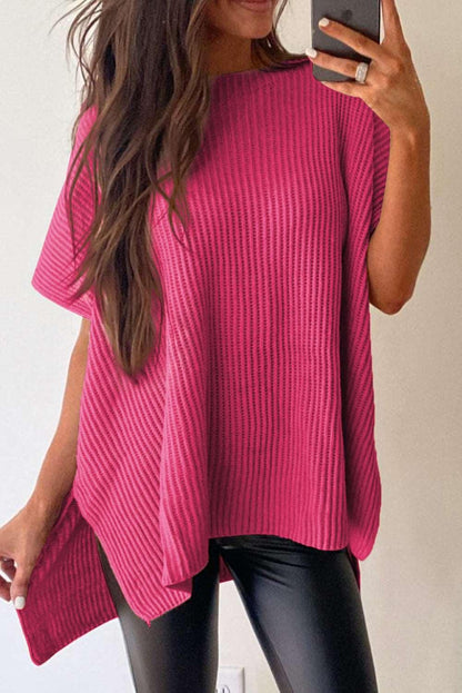 Apricot Side Slit Short Sleeve Oversized Sweater - The Fair Lady Shop