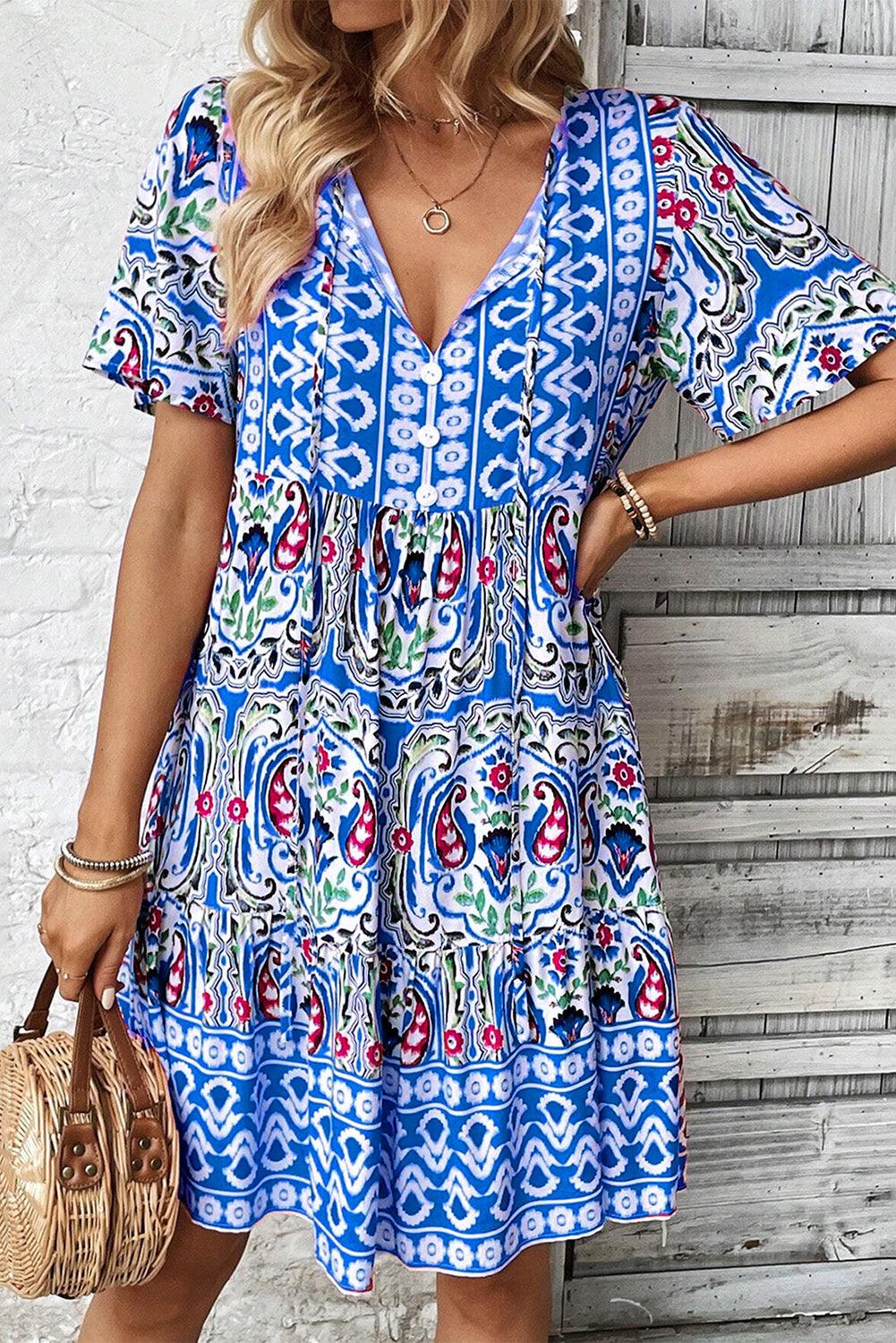 Orange Bohemian Tie Neck Flounce Sleeve Ruffle Hem Mini Dress - The Fair Lady Shop