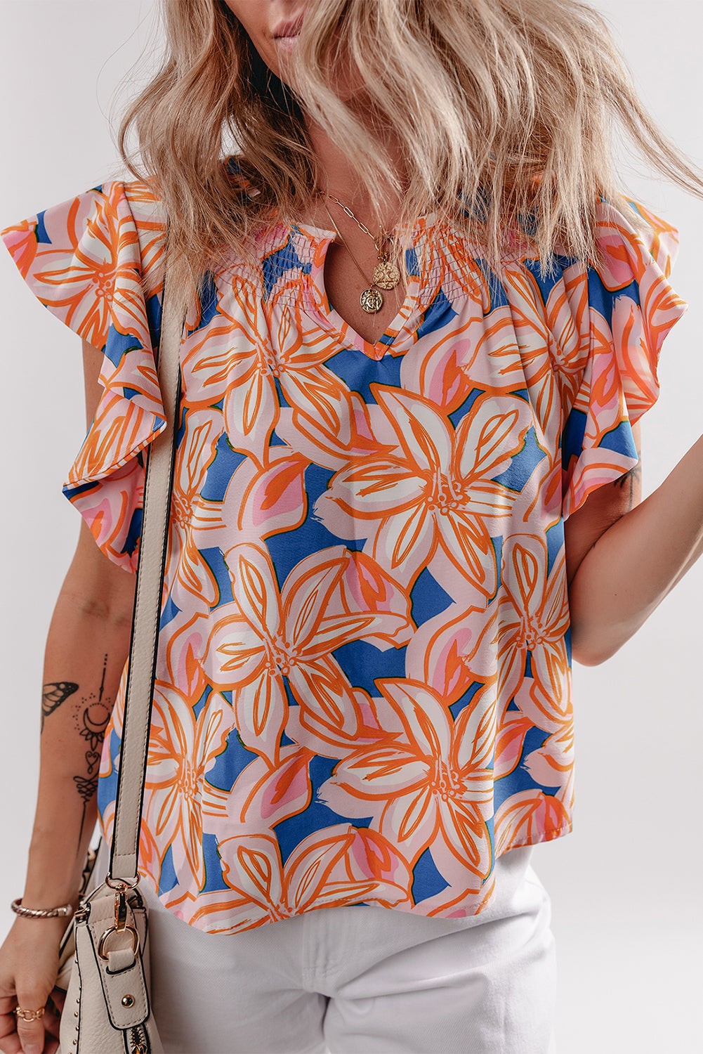 Orange Summer Flower Print Smocked Notched Neck Ruffle Blouse - The Fair Lady Shop