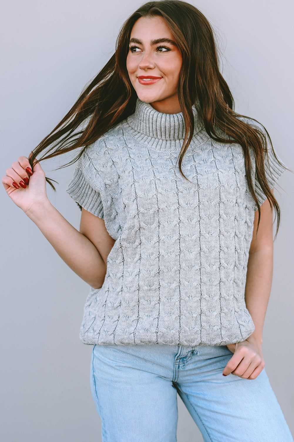 Medium Grey Cable Knit Turtleneck Short Dolman Sleeve Sweater - The Fair Lady Shop