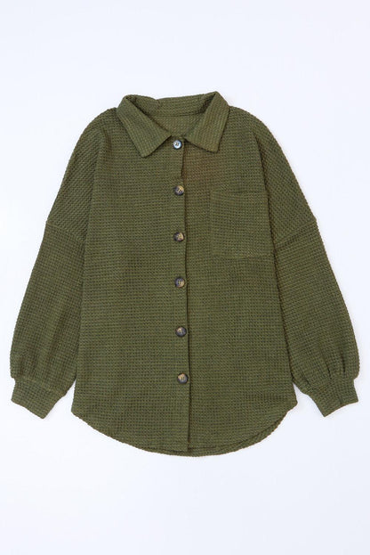 Khaki Waffle Knit Pocket Button Front Shacket - The Fair Lady Shop