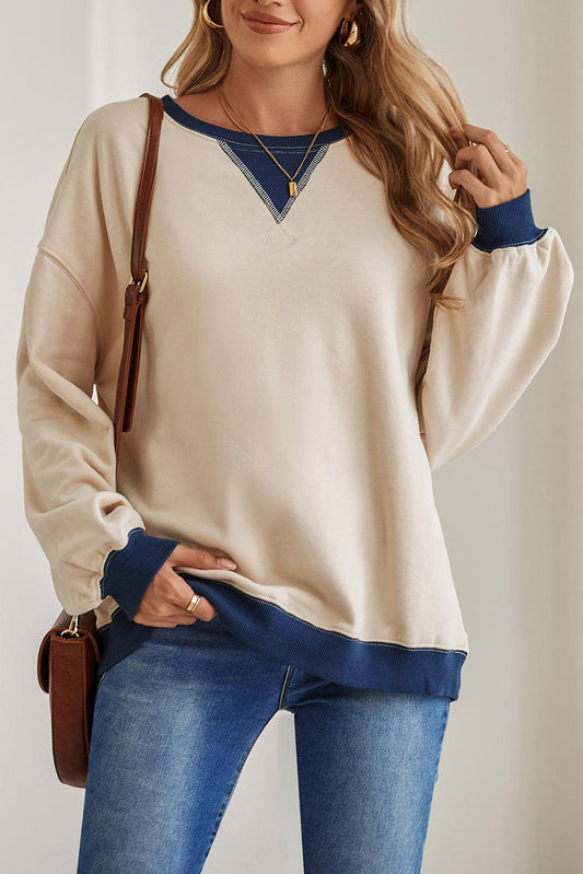 White Color Block Drop Shoulder Crewneck Oversized Sweatshirt - The Fair Lady Shop