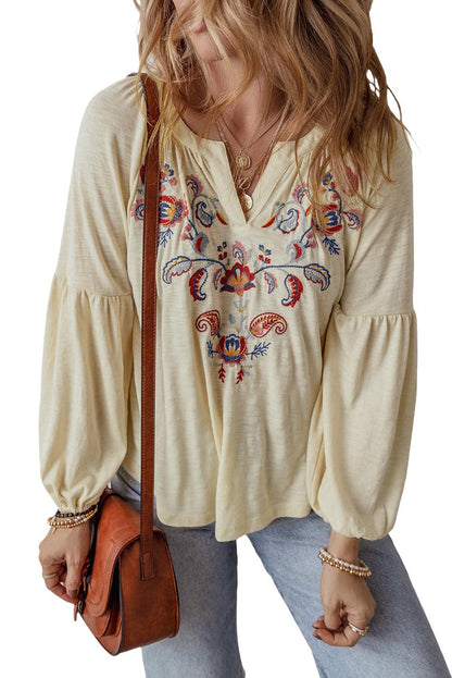 Apricot Paisley Floral Embroidered Notch V Neck Blouse - The Fair Lady Shop