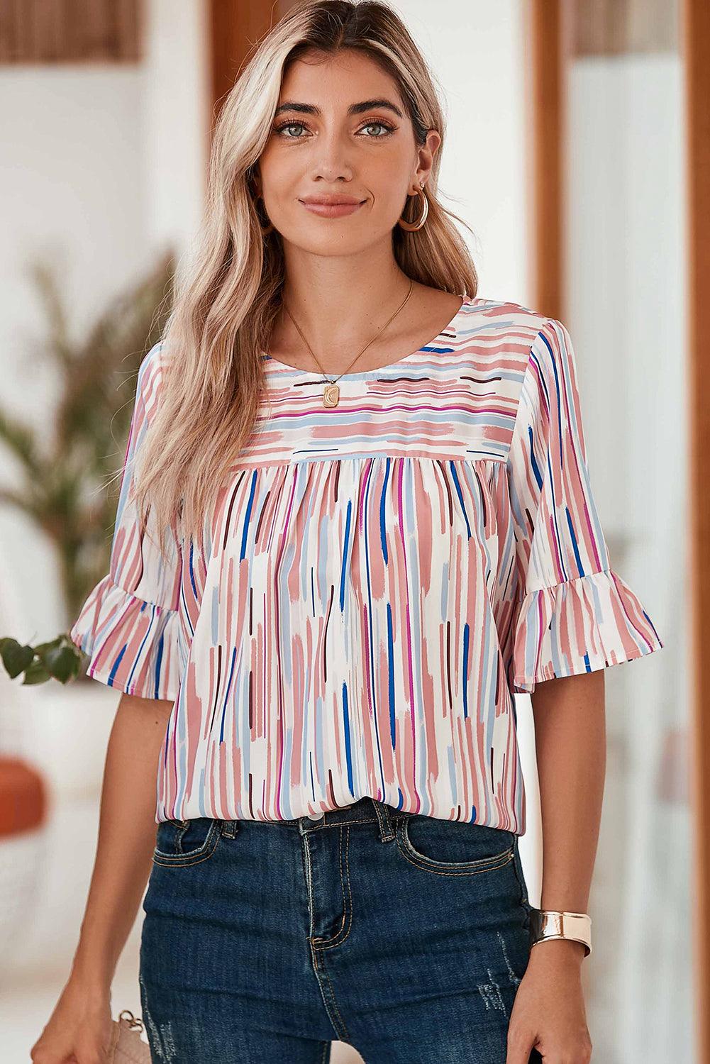 White Abstract Print Ruffle Half Sleeve Blouse - The Fair Lady Shop