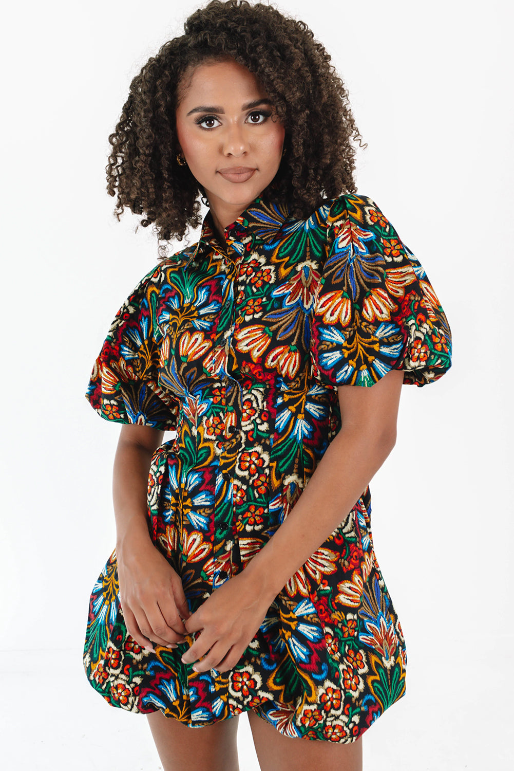 Multicolour Bohemian Floral Bubble Sleeve Dress - The Fair Lady Shop